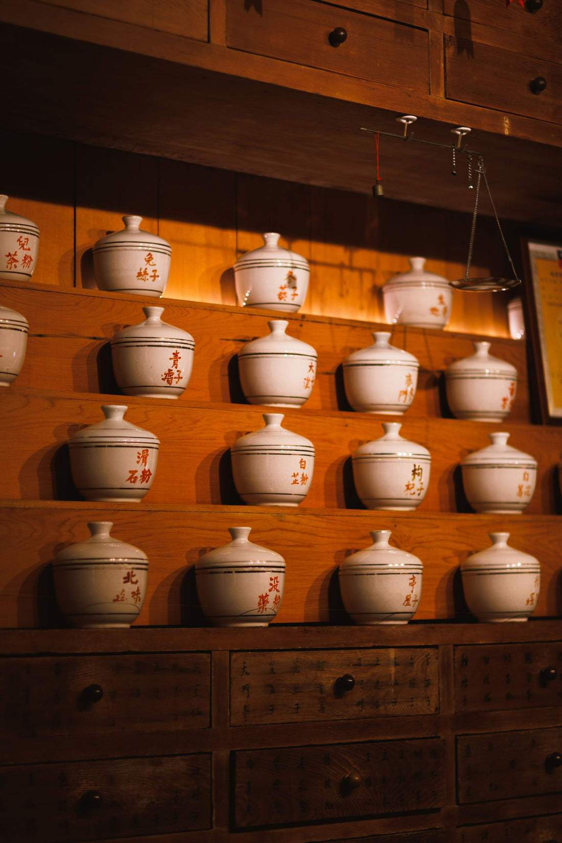 Rows of ceramic herb jars on wooden shelving in a traditional pharmacy
