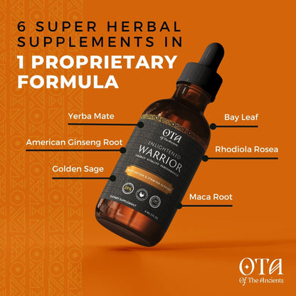 Enlightened Warrior bottle with orange background with the statement 6 Super Herbal Supplements In 1 Proprietary Formula with yerba mate, American ginseng, golden sage, bay leaf 