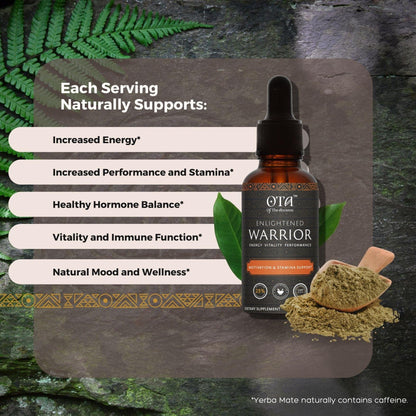 Enlightened Warrior natural benefits supports increased energy, performance, stamina, healthy hormone balance, vitality and immune function, natural mood and wellness. Yerba Mate naturally contains caffeine.