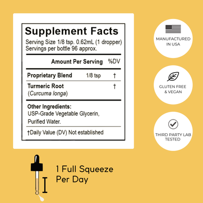 Golden Turmeric supplement facts: whole turmeric root, organic vegetable glycerin, and purified water