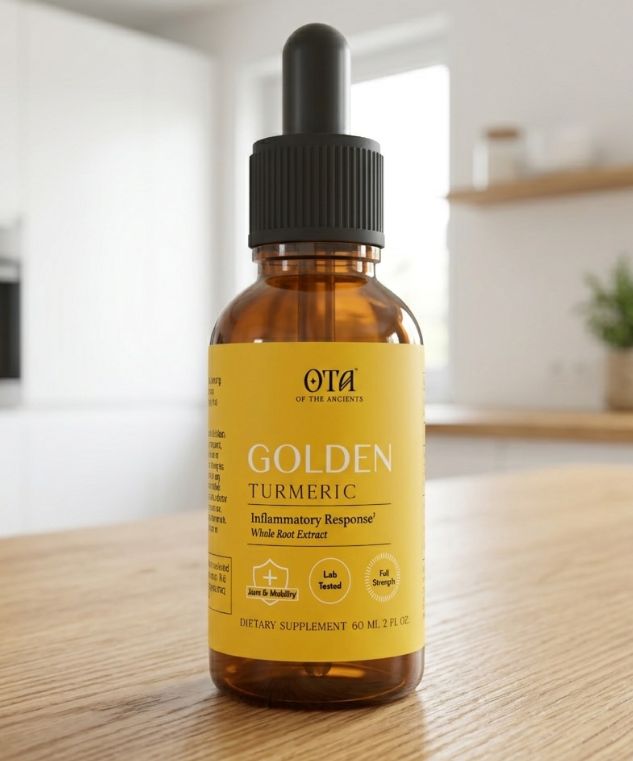Golden Turmeric Root tincture bottle on a wooden counter.