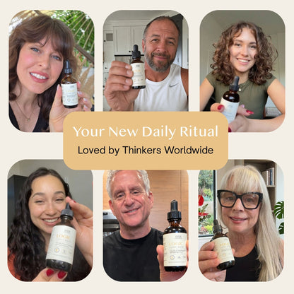 A collage of six people holding Logic Lion's Mane amber dropper bottles with cream labels, arranged around a central tan banner that reads, 'Your New Daily Ritual Loved by Thinkers Worldwide.' Because multiple people and real indoor/outdoor environments are visible, this is Lifestyle rather than Product/Packaging.