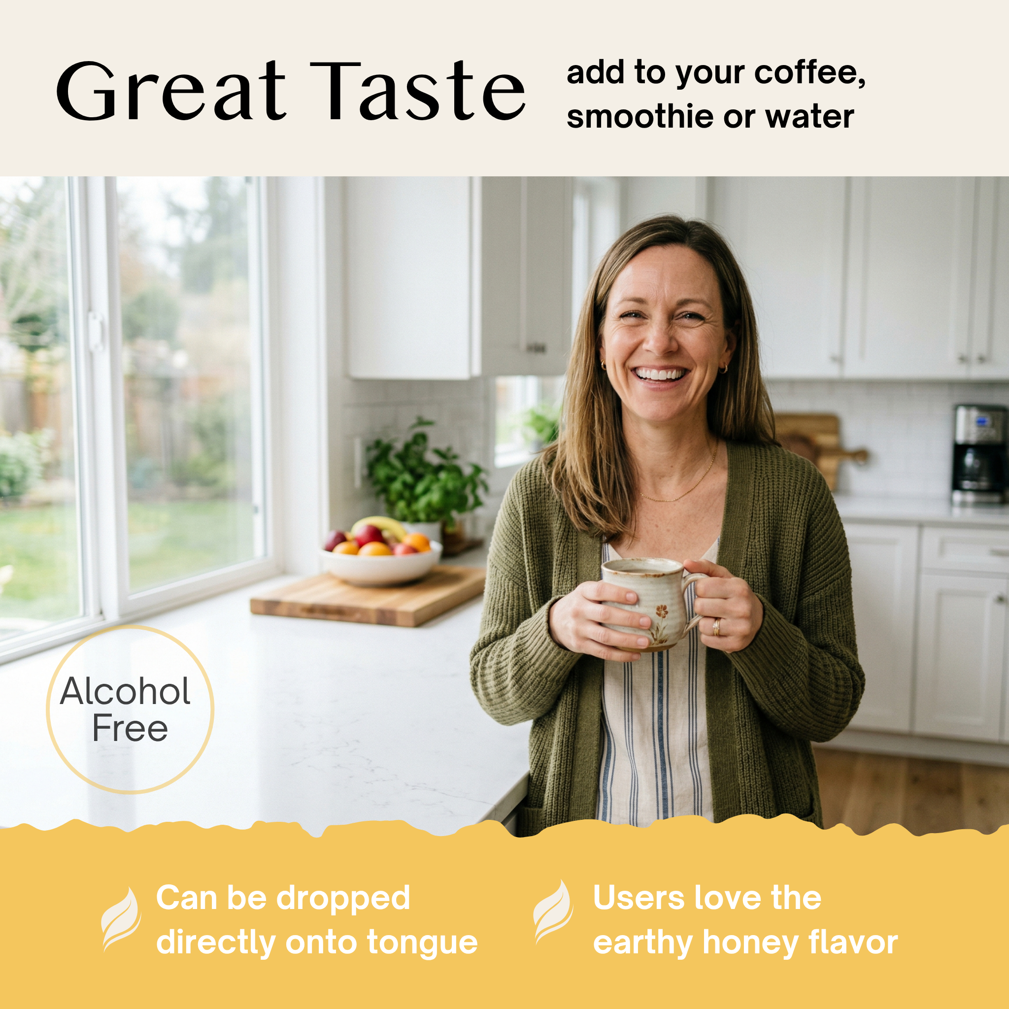 Woman holding a mug in a kitchen with text about Logic Lion's Mane's taste and features.