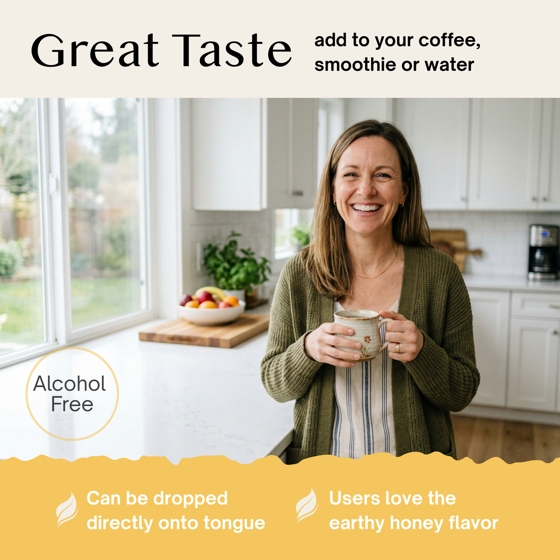 Woman holding a mug in a kitchen with text about Logic Lion's Mane's taste and features.