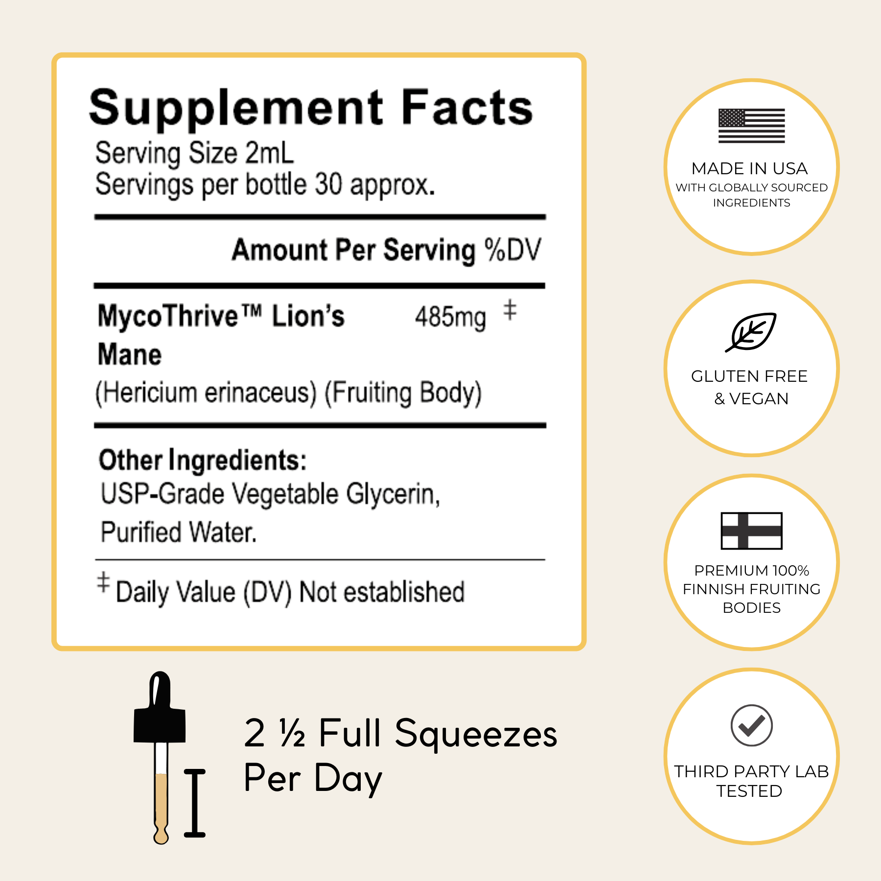 Logic Lion's Mane Supplement Facts showing serving size is 2mL, with approximately 30 servings per bottle. Amount per serving is 485 mg of MycoThrive Lion's Mane (100% fruiiting body). Other ingredients listed are USP-Grade Vegetable Glycerin, and purified water.  2 and a half full squeezes per day. Made in the USA. Gluten free and vegan. Third party lab tested.