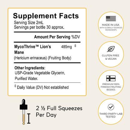 Logic Lion's Mane Supplement Facts showing serving size is 2mL, with approximately 30 servings per bottle. Amount per serving is 485 mg of MycoThrive Lion's Mane (100% fruiiting body). Other ingredients listed are USP-Grade Vegetable Glycerin, and purified water.  2 and a half full squeezes per day. Made in the USA. Gluten free and vegan. Third party lab tested.