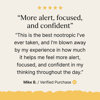 Logic Lion's Mane review with five-star rating and text about alertness, focus, and confidence.