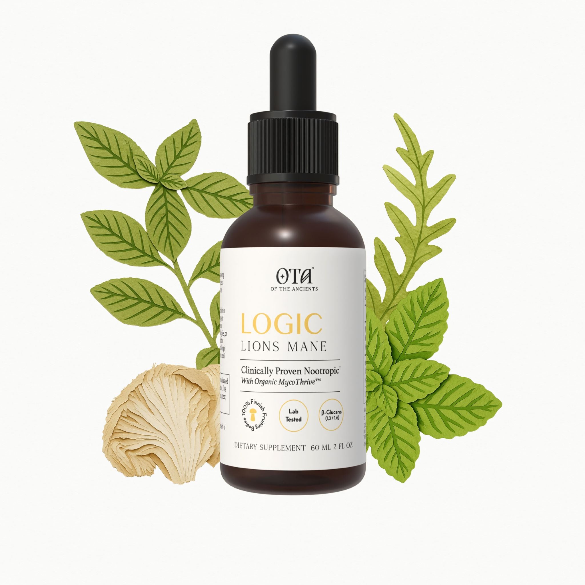 Bottle of Ota Logic Lions Mane supplement with green leaves and a mushroom on a white background
