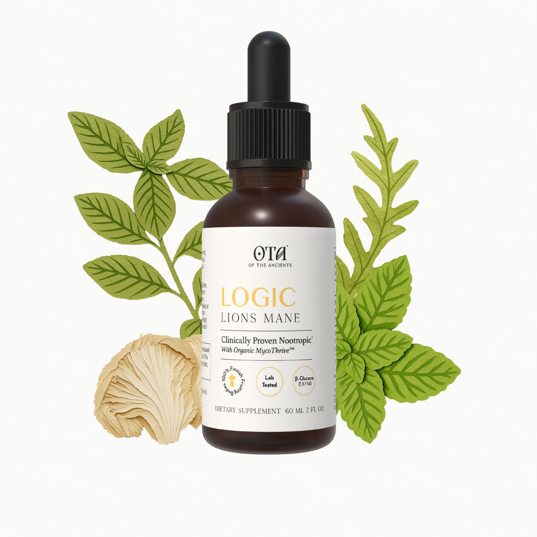 Bottle of Ota Logic Lions Mane supplement with green leaves and a mushroom on a white background