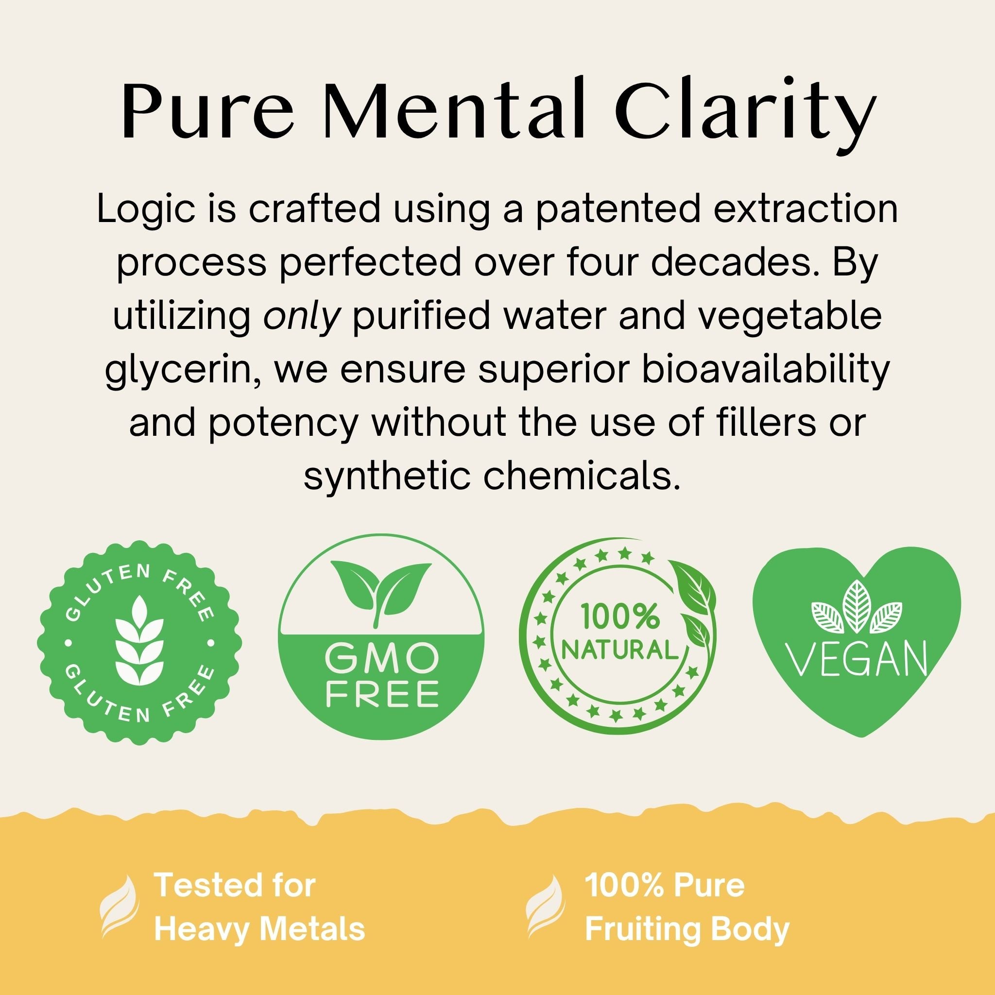 Logic Lion's Mane slide featuring 'Pure Mental Clarity' text and certification icons on a white background.